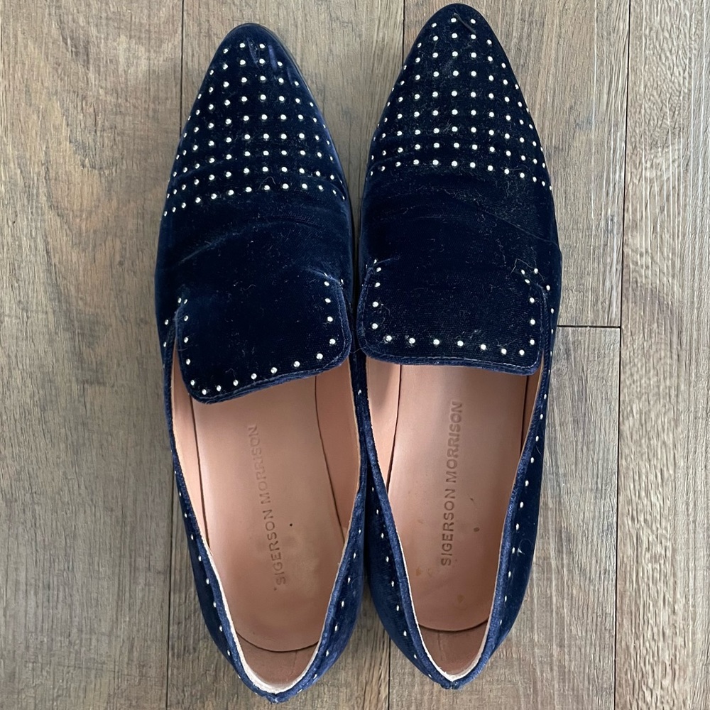 Sigerson Morrison Edna Navy Velvet Studded Smoking Slippers/Loafers Size 8